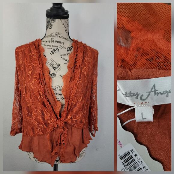NWT Pretty Angel Top Sz Large Lace Overlaid Semi Sheer Orange Rust Boho Sheer - Picture 1 of 12